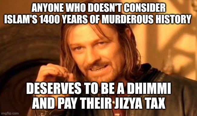 One Does Not Simply Meme | ANYONE WHO DOESN'T CONSIDER ISLAM'S 1400 YEARS OF MURDEROUS HISTORY; DESERVES TO BE A DHIMMI AND PAY THEIR JIZYA TAX | image tagged in memes,one does not simply | made w/ Imgflip meme maker