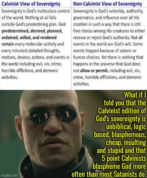 Unbiblical, Cheap, Logic Based, Blasphemous and Stupid | What if I told you that the Calvinist edition of God's sovereignty is unbiblical, logic based, blasphemous, cheap, insulting and stupid and that 5 point Calvinists blaspheme God more often than most Satanists do. | image tagged in matrix morpheus,calvinism,calvinist memes,anti calvinism,reformed theology,blasphemy | made w/ Imgflip meme maker