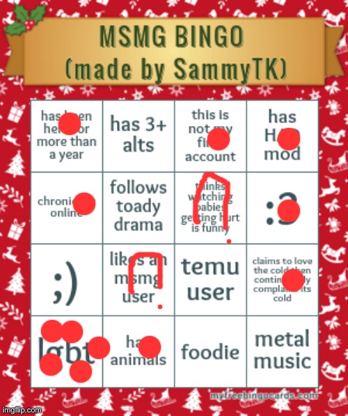 question marks are ones im not sure about. | image tagged in sam's msmg bingo | made w/ Imgflip meme maker