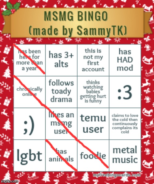 does platonically count for "likes an msmg user"? | image tagged in sam's msmg bingo | made w/ Imgflip meme maker