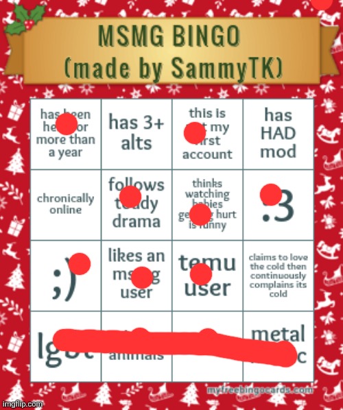 I've been on imgflip for over a year and this isn't my first imgflip account (my first account didn't have 10k points) | image tagged in sam's msmg bingo | made w/ Imgflip meme maker