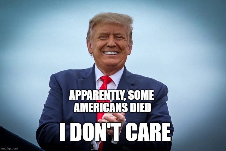 APPARENTLY, SOME 
AMERICANS DIED; I DON'T CARE | image tagged in americans,died,trump | made w/ Imgflip meme maker