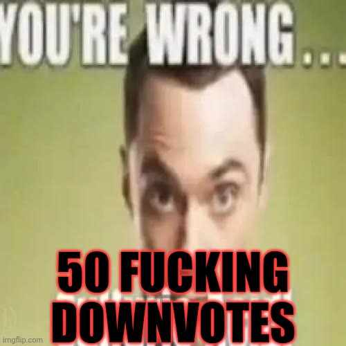You’re wrong… sulfuric acid! | 50 FUCKING
DOWNVOTES | image tagged in you re wrong sulfuric acid | made w/ Imgflip meme maker