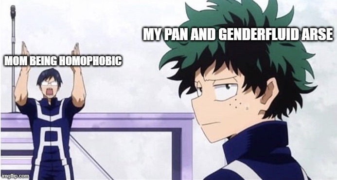 My gay arse | MY PAN AND GENDERFLUID ARSE; MOM BEING HOMOPHOBIC | image tagged in deku ignoring iida | made w/ Imgflip meme maker