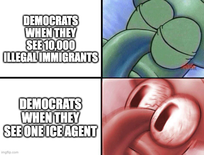Democrats be like | DEMOCRATS WHEN THEY SEE 10,000 ILLEGAL IMMIGRANTS; DEMOCRATS WHEN THEY SEE ONE ICE AGENT | image tagged in sleeping squidward | made w/ Imgflip meme maker