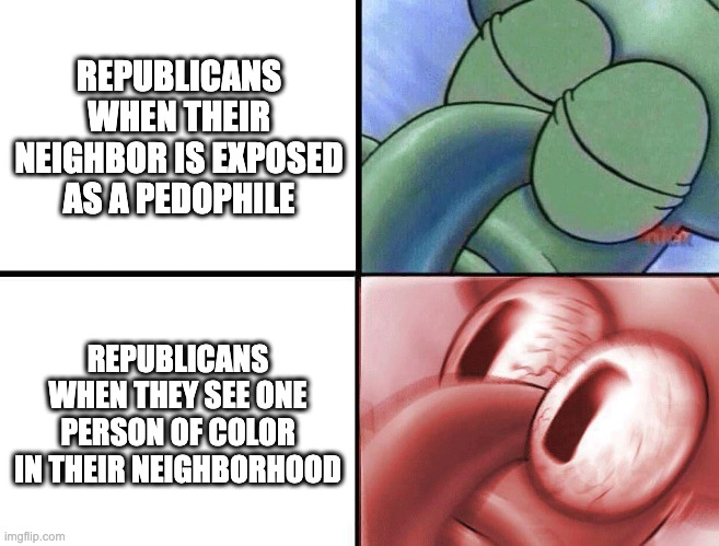 GOP be like | REPUBLICANS WHEN THEIR NEIGHBOR IS EXPOSED AS A PEDOPHILE; REPUBLICANS WHEN THEY SEE ONE PERSON OF COLOR IN THEIR NEIGHBORHOOD | image tagged in sleeping squidward | made w/ Imgflip meme maker