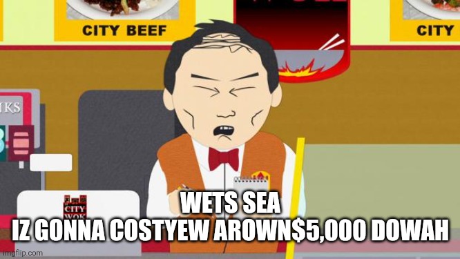 South-Park-Chinese-Guy | WETS SEA
IZ GONNA COSTYEW AROWN$5,000 DOWAH | image tagged in south-park-chinese-guy | made w/ Imgflip meme maker