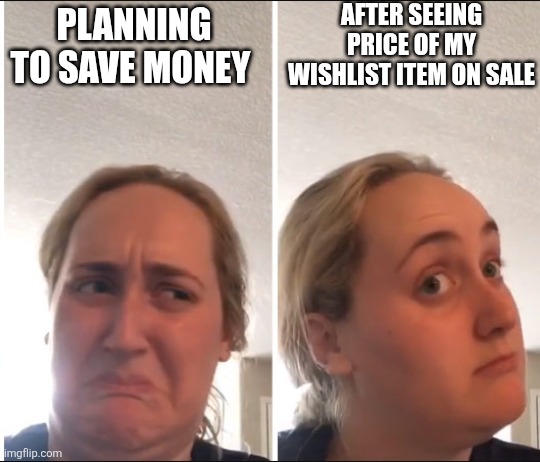 Kombucha Girl | AFTER SEEING PRICE OF MY WISHLIST ITEM ON SALE; PLANNING TO SAVE MONEY | image tagged in kombucha girl | made w/ Imgflip meme maker