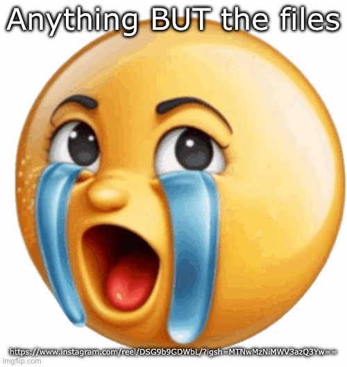 Realistic sob crying emoji | Anything BUT the files; https://www.instagram.com/reel/DSG9b9GDWbL/?igsh=MTNwMzNiMWV3azQ3Yw== | image tagged in realistic sob crying emoji | made w/ Imgflip meme maker