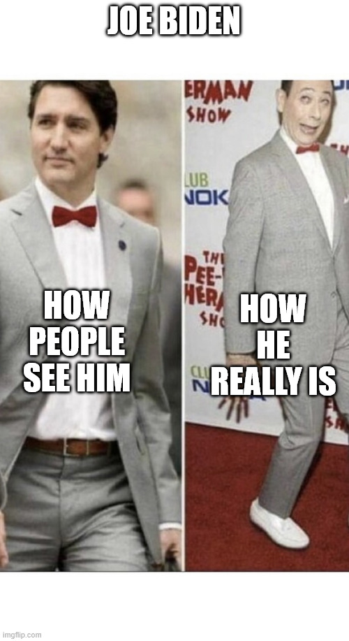 Trudeau peewee | JOE BIDEN; HOW PEOPLE SEE HIM; HOW HE REALLY IS | image tagged in trudeau peewee | made w/ Imgflip meme maker