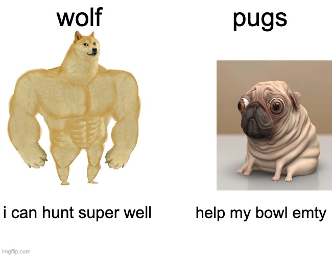 Buff Doge vs. Cheems | wolf; pugs; i can hunt super well; help my bowl emty | image tagged in memes,buff doge vs cheems | made w/ Imgflip meme maker