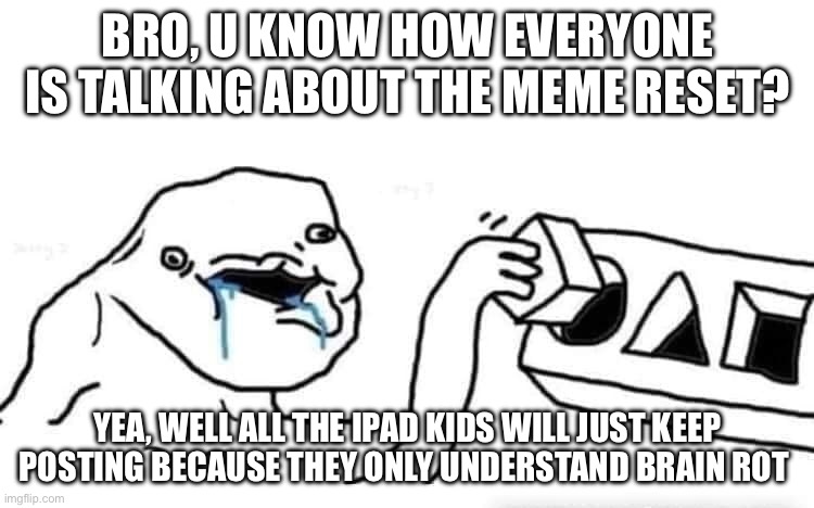 The reset that won’t work | BRO, U KNOW HOW EVERYONE IS TALKING ABOUT THE MEME RESET? YEA, WELL ALL THE IPAD KIDS WILL JUST KEEP POSTING BECAUSE THEY ONLY UNDERSTAND BRAIN ROT | image tagged in one does not simply,reset,stupid | made w/ Imgflip meme maker