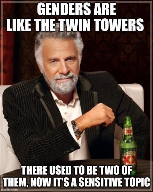 I'm not wrong | GENDERS ARE LIKE THE TWIN TOWERS; THERE USED TO BE TWO OF THEM, NOW IT'S A SENSITIVE TOPIC | image tagged in memes,the most interesting man in the world | made w/ Imgflip meme maker