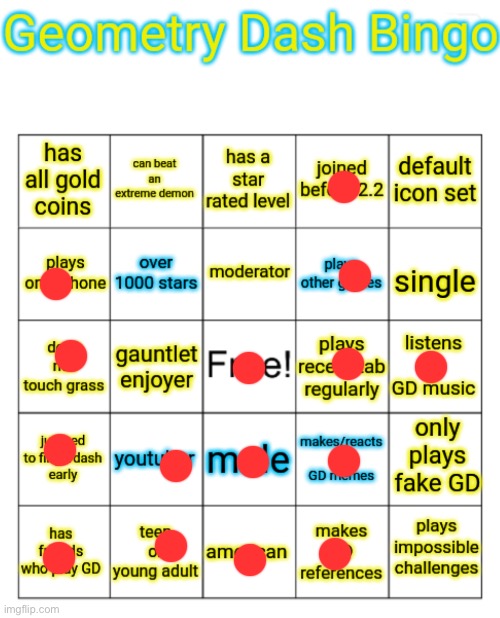 Tbh, I went from Easy to Easy Demon in my first day and took less than a week to beat my first Demon, ISPY. | image tagged in gd bingo | made w/ Imgflip meme maker