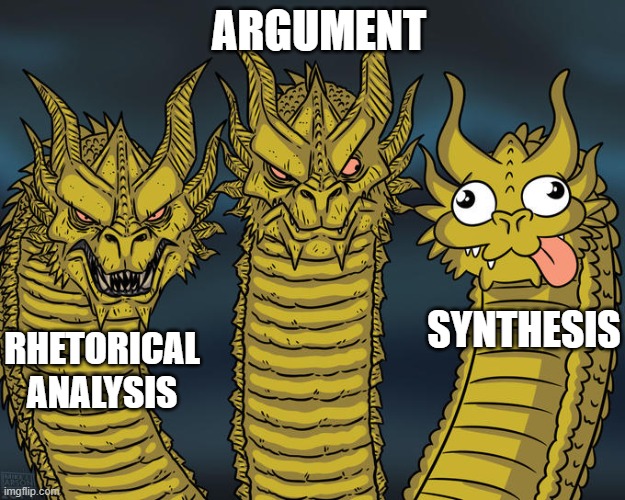 Ap lang essay meme | ARGUMENT; SYNTHESIS; RHETORICAL
ANALYSIS | image tagged in three-headed dragon | made w/ Imgflip meme maker