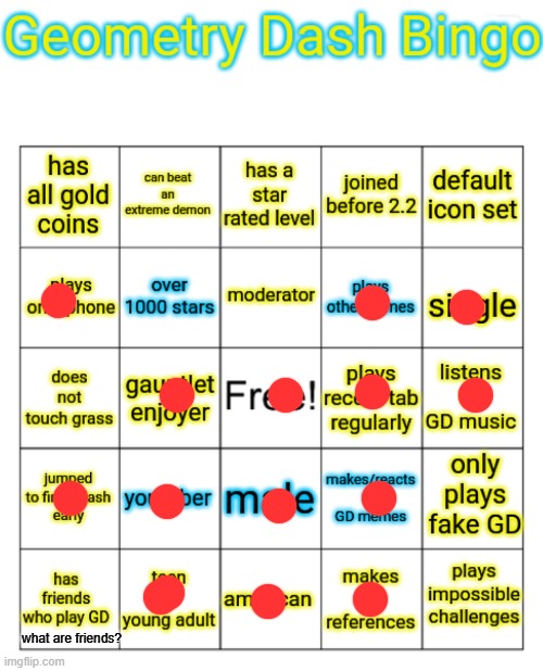 gd bingo | what are friends? | image tagged in gd bingo | made w/ Imgflip meme maker