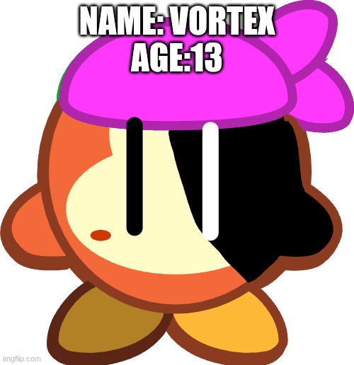 ok I made a Kirby oc! | NAME: VORTEX
AGE:13 | made w/ Imgflip meme maker