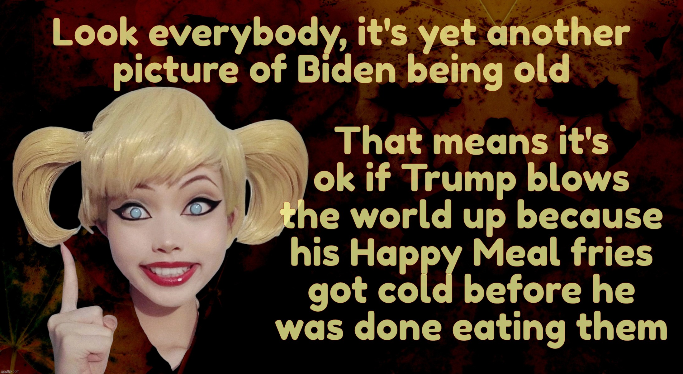 Harley Quinn | Look everybody, it's yet another
picture of Biden being old That means it's ok if Trump blows
the world up because
his Happy Meal fries
got  | image tagged in harley quinn | made w/ Imgflip meme maker