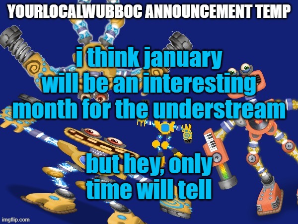 YourLocalWubboc Announcement Temp | i think january will be an interesting month for the understream; but hey, only time will tell | image tagged in yourlocalwubboc announcement temp | made w/ Imgflip meme maker