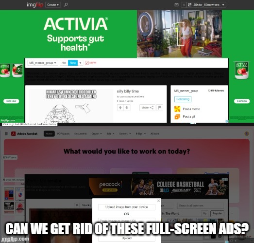 the lower one keeps preventing me from doing anything on generator | CAN WE GET RID OF THESE FULL-SCREEN ADS? | image tagged in imgflip | made w/ Imgflip meme maker