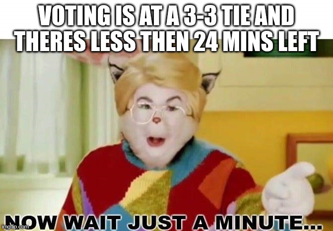 Now wait just a minute | VOTING IS AT A 3-3 TIE AND THERES LESS THEN 24 MINS LEFT | image tagged in now wait just a minute | made w/ Imgflip meme maker