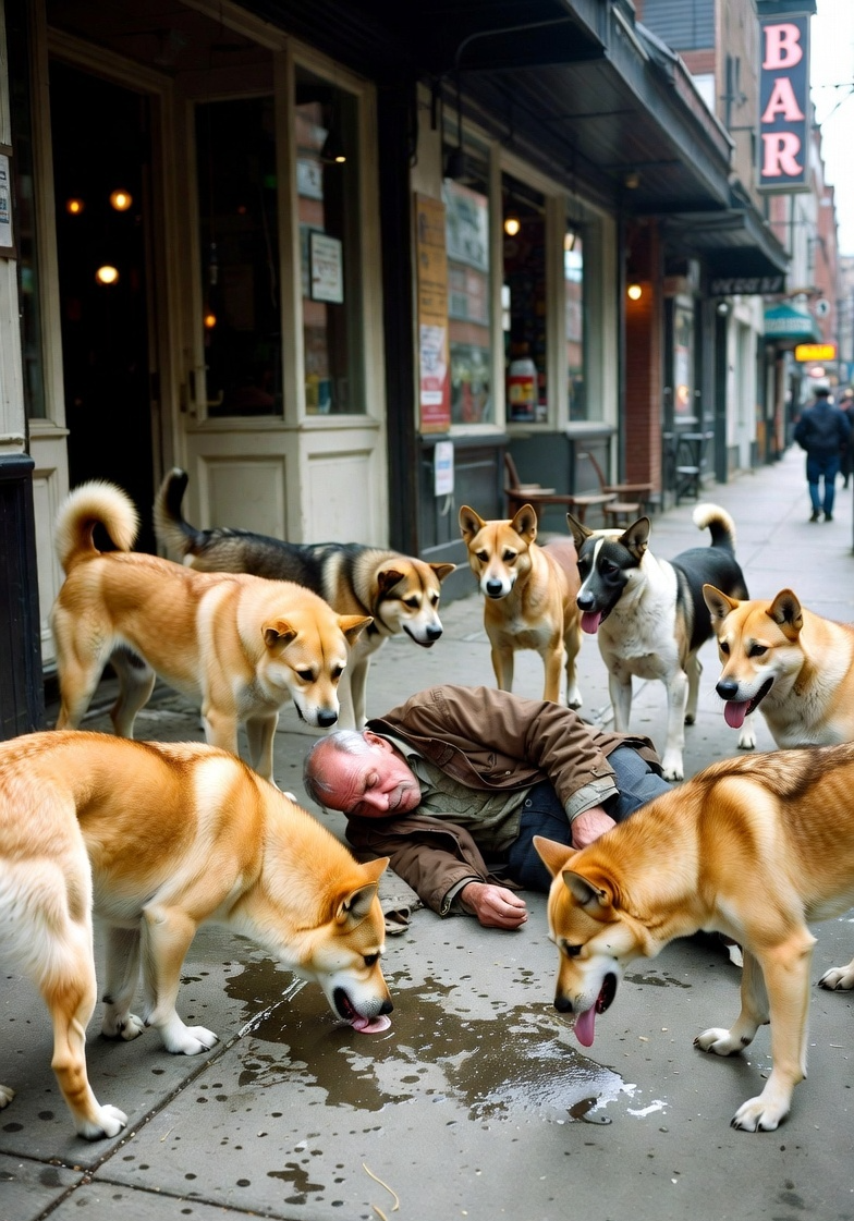 Dogs lapping up puke from a passed out drunk by a Bar Blank Meme Template
