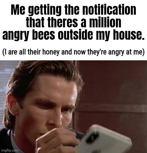 Oh gawd not the beez! NOT THE BEEZ!!!!!! (Edit: I cant spel corektly) | Me getting the notification that theres a million angry bees outside my house. (I are all their honey and now they're angry at me) | image tagged in phone fall,memes,beez,whoppsie daisy | made w/ Imgflip meme maker