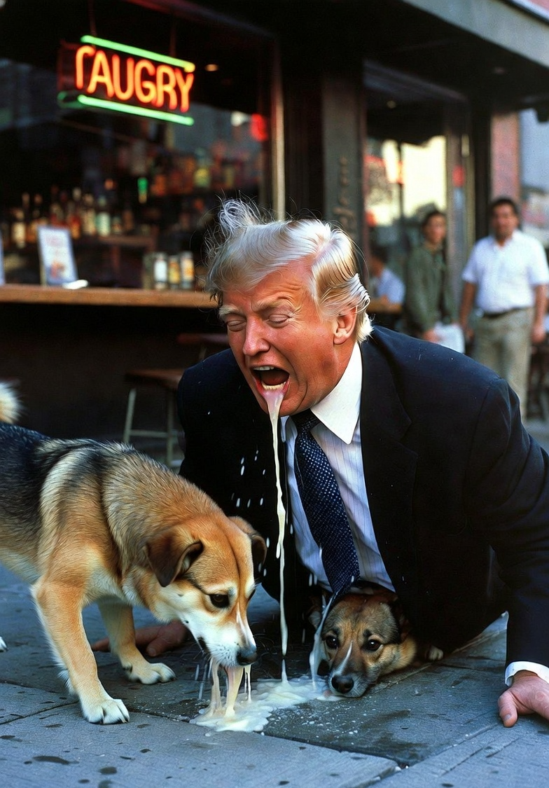 Donald Trump puking while MAGA dogs lap it up Blank Meme Template