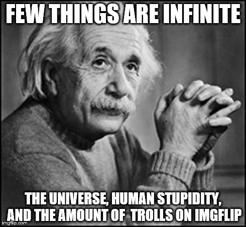 True to me at least. | FEW THINGS ARE INFINITE THE UNIVERSE, HUMAN STUPIDITY, AND THE AMOUNT OF  TROLLS ON IMGFLIP | image tagged in memes,albert einstein,truth,imgflip | made w/ Imgflip meme maker