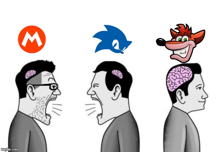 Mascot wars | image tagged in small brains arguing,sonic the hedgehog,mario,crash bandicoot,mascots | made w/ Imgflip meme maker