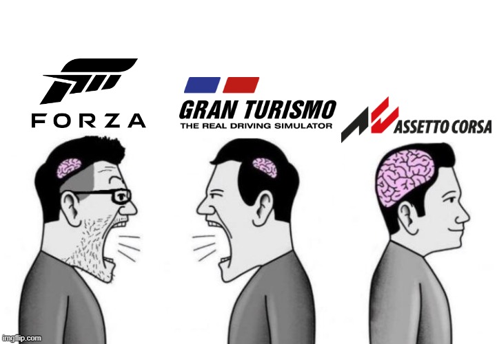 Sim Racing feud | image tagged in small brains arguing,gran turismo,assetto corsa,sim racing,forza | made w/ Imgflip meme maker