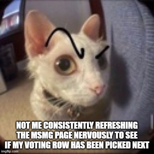 nervousness | NOT ME CONSISTENTLY REFRESHING THE MSMG PAGE NERVOUSLY TO SEE IF MY VOTING ROW HAS BEEN PICKED NEXT | image tagged in what | made w/ Imgflip meme maker
