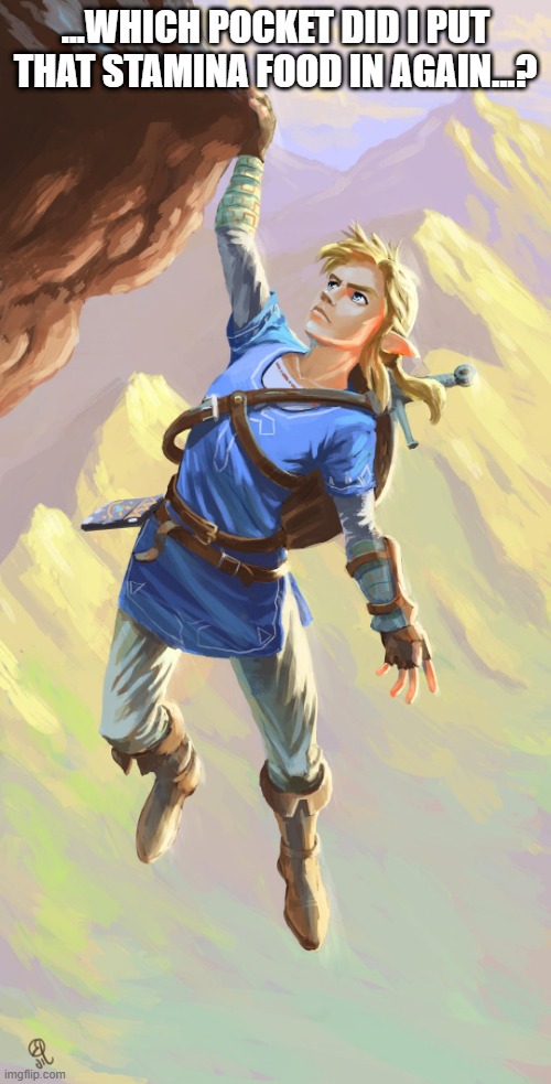 Link Climbing | ...WHICH POCKET DID I PUT THAT STAMINA FOOD IN AGAIN...? | image tagged in climbing,link,tired,height,mountain,rock | made w/ Imgflip meme maker