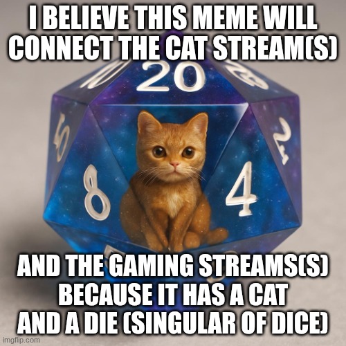 I hope this will connect the 2 worlds | I BELIEVE THIS MEME WILL CONNECT THE CAT STREAM(S); AND THE GAMING STREAMS(S) BECAUSE IT HAS A CAT AND A DIE (SINGULAR OF DICE) | image tagged in d-20 with resin cat inside | made w/ Imgflip meme maker
