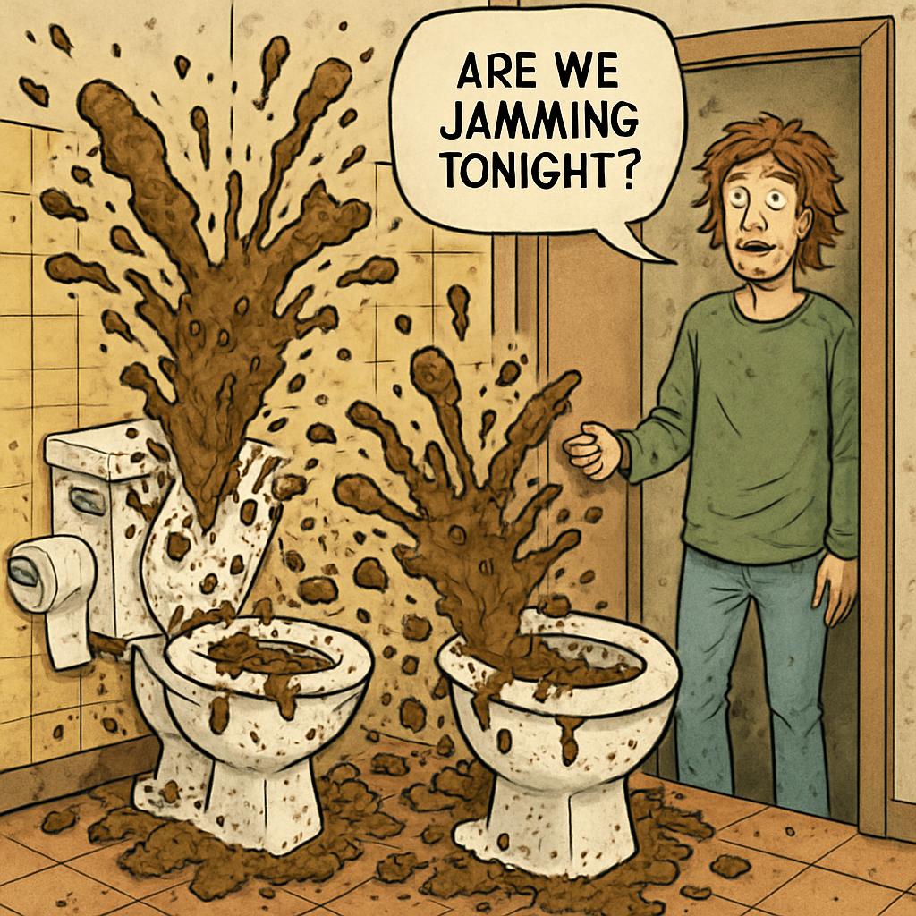 Toilets exploding, poop everywhere, someone asking “are we jammi Blank Meme Template