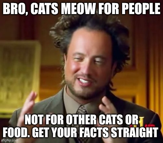 CATS | BRO, CATS MEOW FOR PEOPLE; NOT FOR OTHER CATS OR FOOD. GET YOUR FACTS STRAIGHT | image tagged in memes,ancient aliens | made w/ Imgflip meme maker