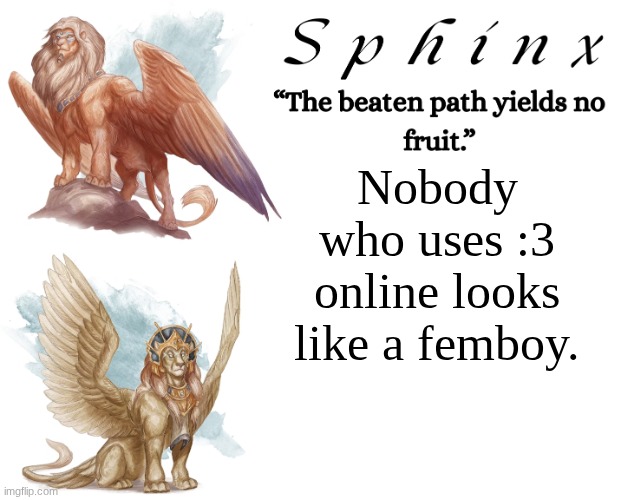 Spinx (aka erocitnaM) | Nobody who uses :3 online looks like a femboy. | image tagged in spinx aka erocitnam | made w/ Imgflip meme maker