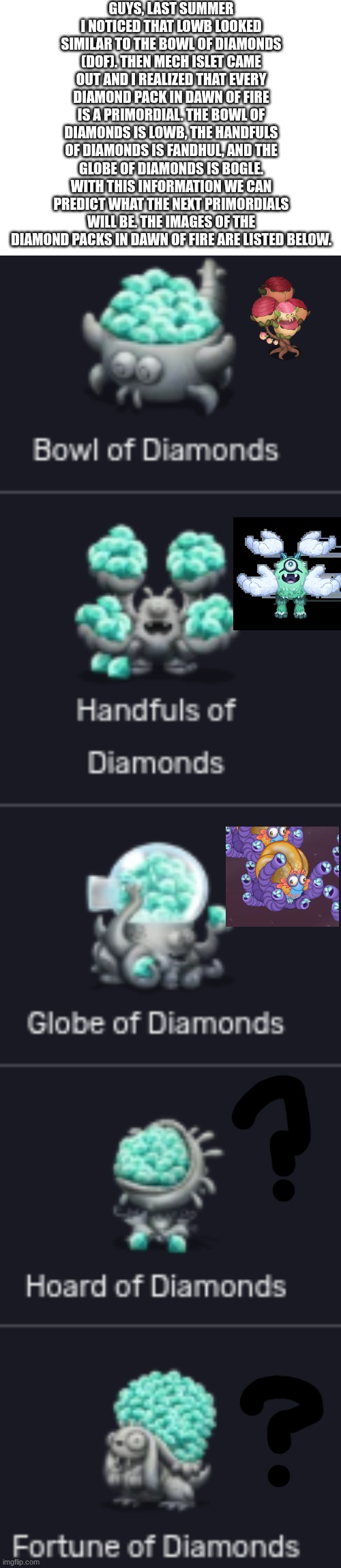 I had to post this before a youtuber notices it and gets all the credit | GUYS, LAST SUMMER I NOTICED THAT LOWB LOOKED SIMILAR TO THE BOWL OF DIAMONDS (DOF). THEN MECH ISLET CAME OUT AND I REALIZED THAT EVERY DIAMOND PACK IN DAWN OF FIRE IS A PRIMORDIAL. THE BOWL OF DIAMONDS IS LOWB, THE HANDFULS OF DIAMONDS IS FANDHUL, AND THE GLOBE OF DIAMONDS IS BOGLE. WITH THIS INFORMATION WE CAN PREDICT WHAT THE NEXT PRIMORDIALS WILL BE. THE IMAGES OF THE DIAMOND PACKS IN DAWN OF FIRE ARE LISTED BELOW. | made w/ Imgflip meme maker