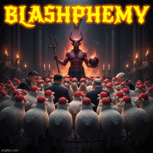 BLASHPHEMY | BLASHPHEMY | image tagged in blashphemy,trump,putin,xi jinping,satan,maga | made w/ Imgflip meme maker