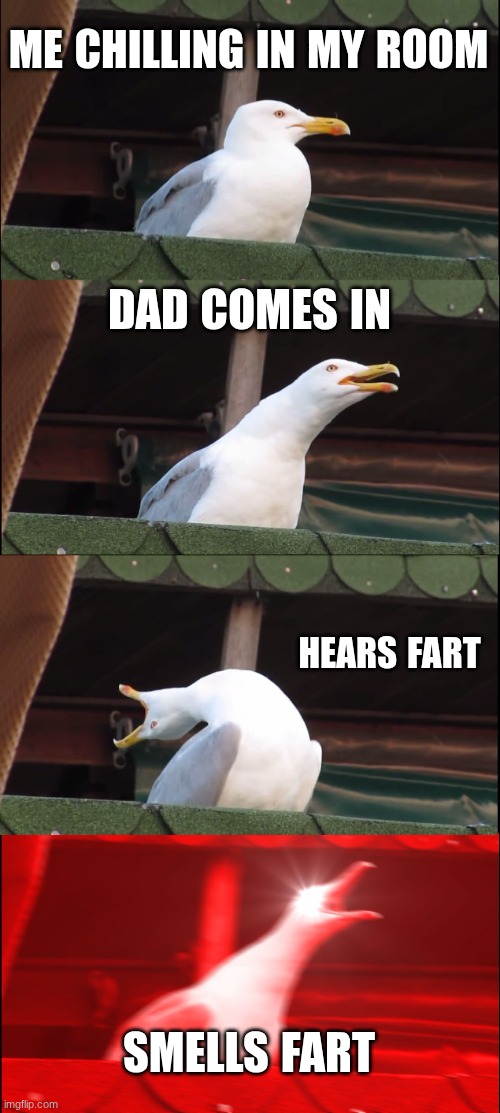 Inhaling Seagull | ME CHILLING IN MY ROOM; DAD COMES IN; HEARS FART; SMELLS FART | image tagged in memes,inhaling seagull | made w/ Imgflip meme maker