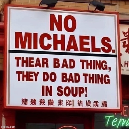 What did the Michaels do | image tagged in michael,soup,chinese,stupid signs | made w/ Imgflip meme maker