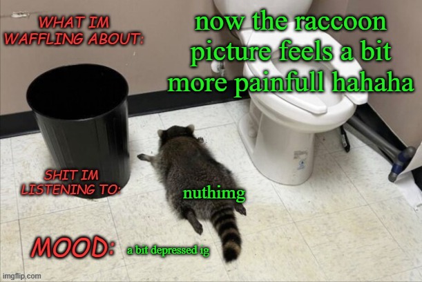 easd | now the raccoon picture feels a bit more painfull hahaha; nuthimg; a bit depressed ig | image tagged in grimnemo's new new new template | made w/ Imgflip meme maker