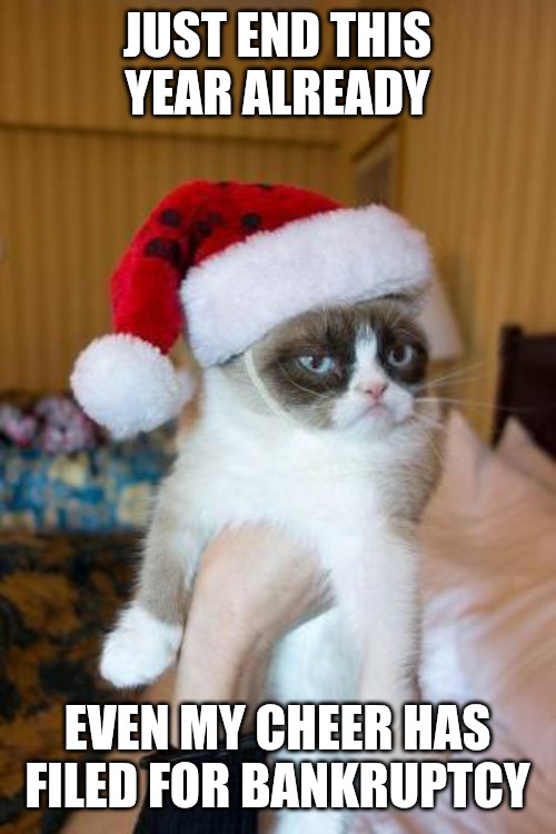 CHEERS...? | JUST END THIS YEAR ALREADY; EVEN MY CHEER HAS FILED FOR BANKRUPTCY | image tagged in memes,grumpy cat christmas,grumpy cat | made w/ Imgflip meme maker