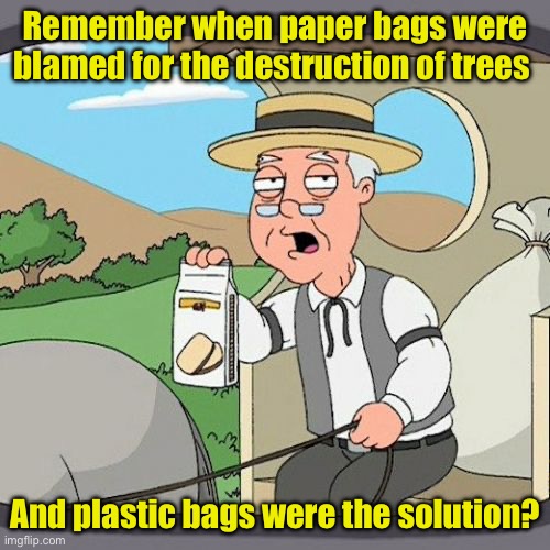 Paper or Plastic? | Remember when paper bags were blamed for the destruction of trees; And plastic bags were the solution? | image tagged in memes,pepperidge farm remembers | made w/ Imgflip meme maker