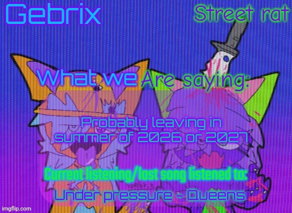 Gebrix and street rat announcement | Probably leaving in summer of 2026 or 2027; Under pressure - Queens | image tagged in gebrix and street rat announcement | made w/ Imgflip meme maker
