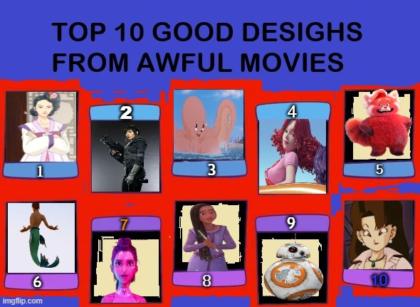 top 10 good designs from awful movies | 4; 2; 5; 3; 1; 9; 7; 8; 10; 6 | image tagged in top 10 good designs from awful movies,top 10,only good parts,cinema,designer,bad movies | made w/ Imgflip meme maker