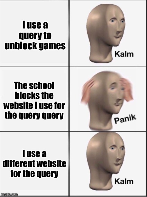 You just put "/?.(website name).com" at the end of the URL | I use a query to unblock games; The school blocks the website I use for the query query; I use a different website for the query | image tagged in reverse kalm panik | made w/ Imgflip meme maker