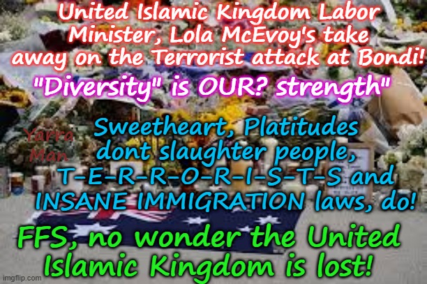 "Diversity is our strength', FFS no wonder the United Islamic Kingdom  / EIU are lost! | United Islamic Kingdom Labor Minister, Lola McEvoy's take away on the Terrorist attack at Bondi! "Diversity" is OUR? strength"; Sweetheart, Platitudes dont slaughter people, T-E-R-R-O-R-I-S-T-S and INSANE IMMIGRATION laws, do! Yarra Man; FFS, no wonder the United Islamic Kingdom is lost! | image tagged in self gratification by proxy virtue signalling woke,bondi beach australia,islamic terror attack,open borders | made w/ Imgflip meme maker