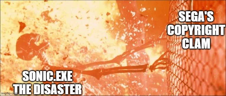 SEGA'S COPYRIGHT CLAM SONIC.EXE THE DISASTER | image tagged in sarah connor fence nuclear fire death | made w/ Imgflip meme maker