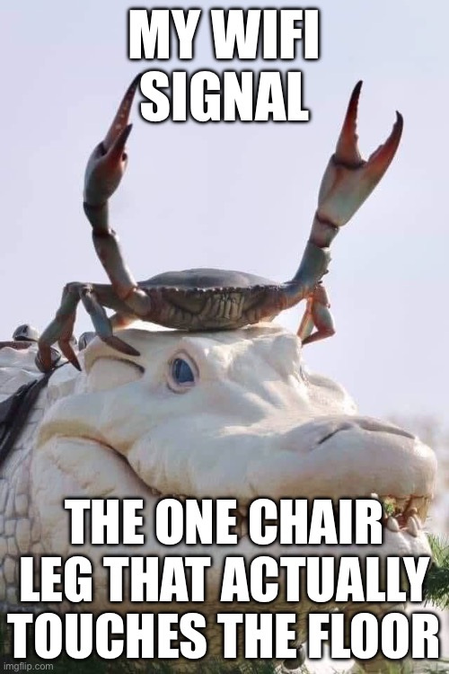 MY WIFI SIGNAL; THE ONE CHAIR LEG THAT ACTUALLY TOUCHES THE FLOOR | MY WIFI SIGNAL; THE ONE CHAIR LEG THAT ACTUALLY TOUCHES THE FLOOR | image tagged in crab on crocodile,wifi,wifi drops,chair,floor,internet | made w/ Imgflip meme maker